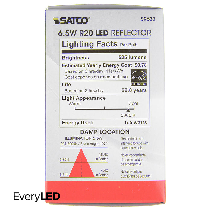 SATCO/NUVO 6.5R20/LED/5000K/525L/120V 6.5W LED R20 5000K 107 Degree Beam Spread Medium Base 120V Dimmable (S9633)