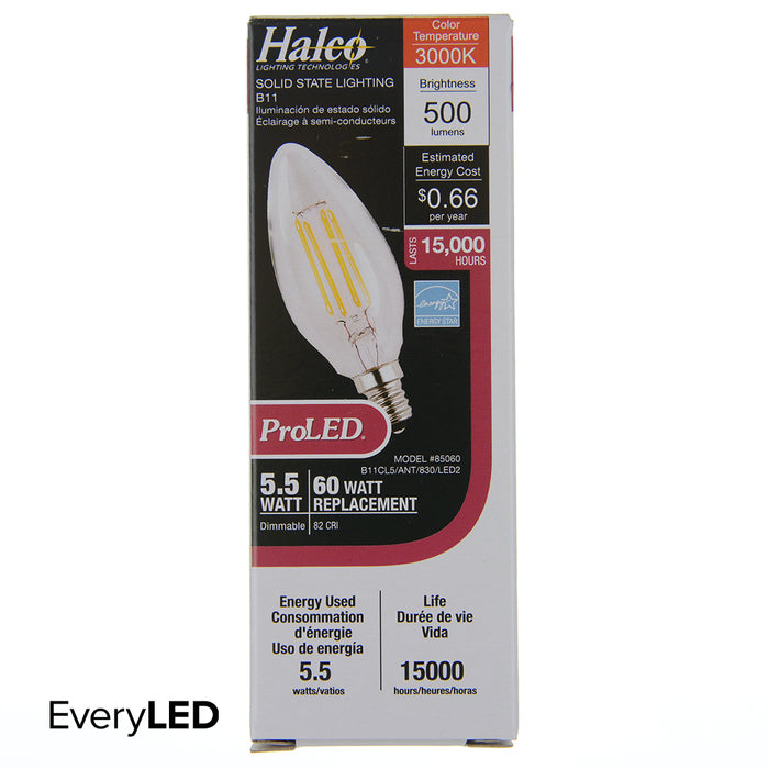 Halco 85060 B11 120V 5.5W 3000K E12 Clear PROLED (B11CL5/ANT/830/LED2)