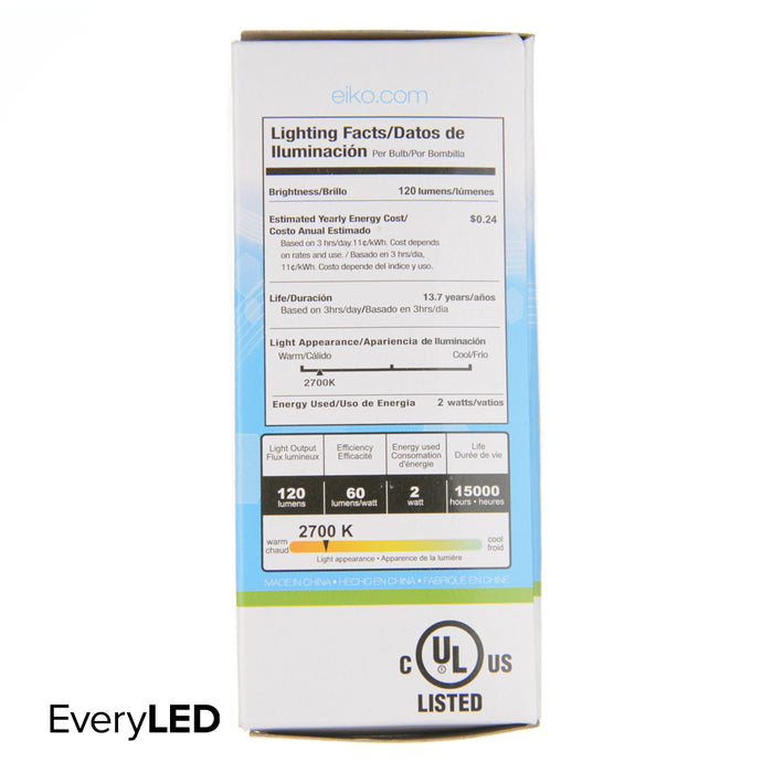 EIKO LED2WT6E12/FIL/827-DIM-G7 LED Advantage Filament T6 320 Degree 2W 120lm Dimmable 80 CRI 2700K E12 120Vac (09865)
