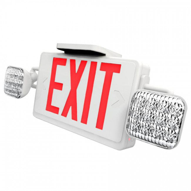 LED Double Faced White Exit/Emergency Combo with Red Letters - LED Lamp Heads and Battery Backup (LEDCXTEU2RW)